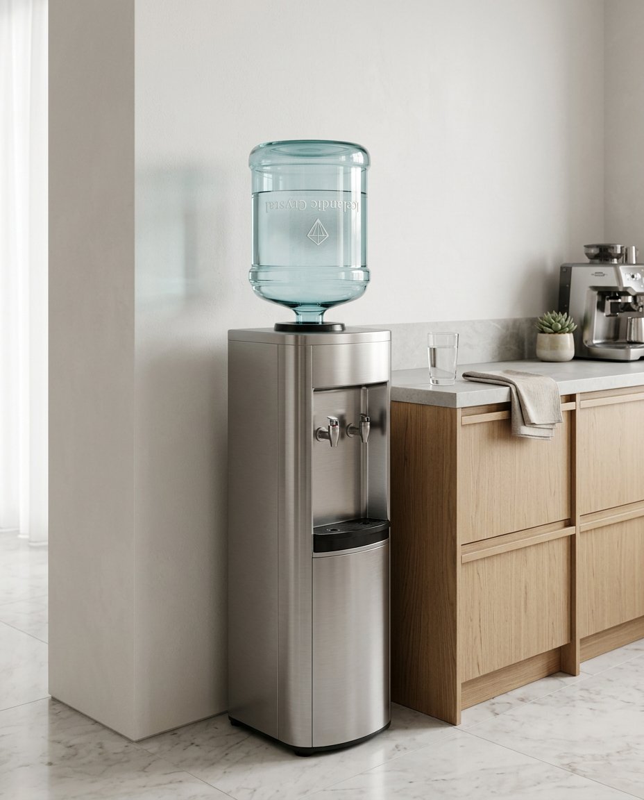 A freestanding brushed steel dispenser with an engraved Icelandic Crystal 5-gallon glass bottle, standing against the wall at the end of oak kitchen cabinets with a glass of water on the counter (illustrative)