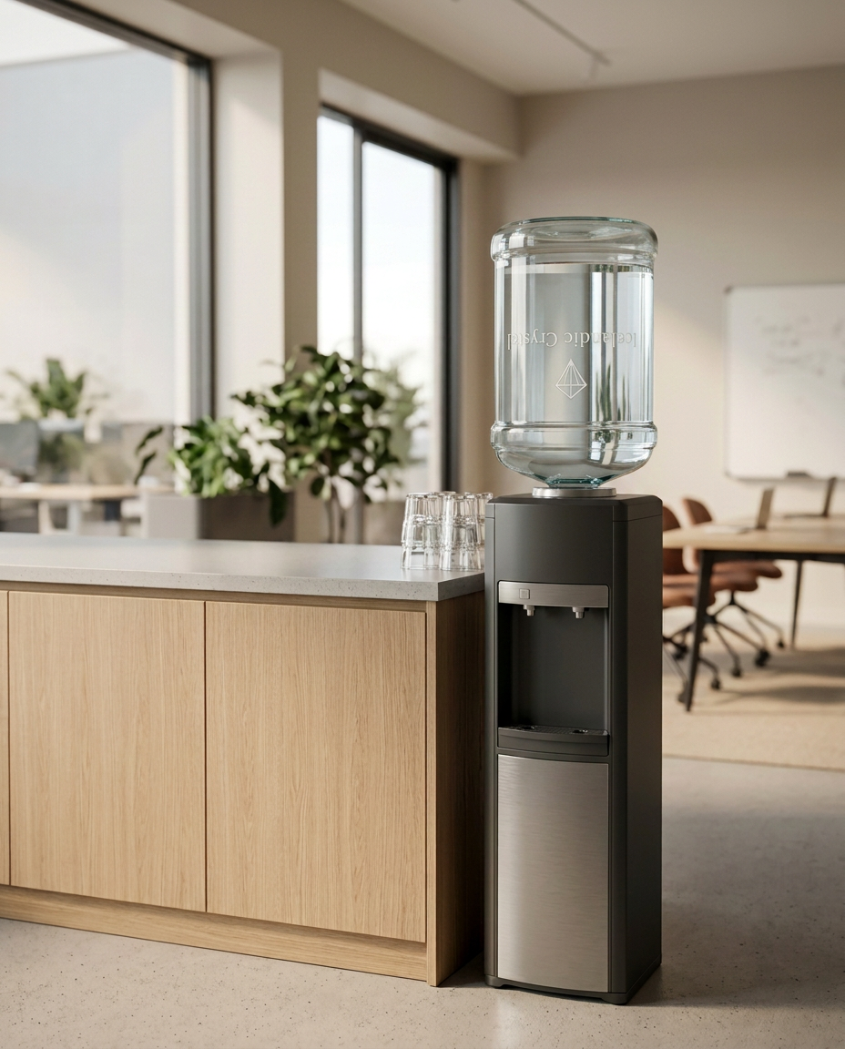 An engraved Icelandic Crystal 5-gallon glass bottle on a charcoal dispenser beside an office refreshments counter (illustrative)
