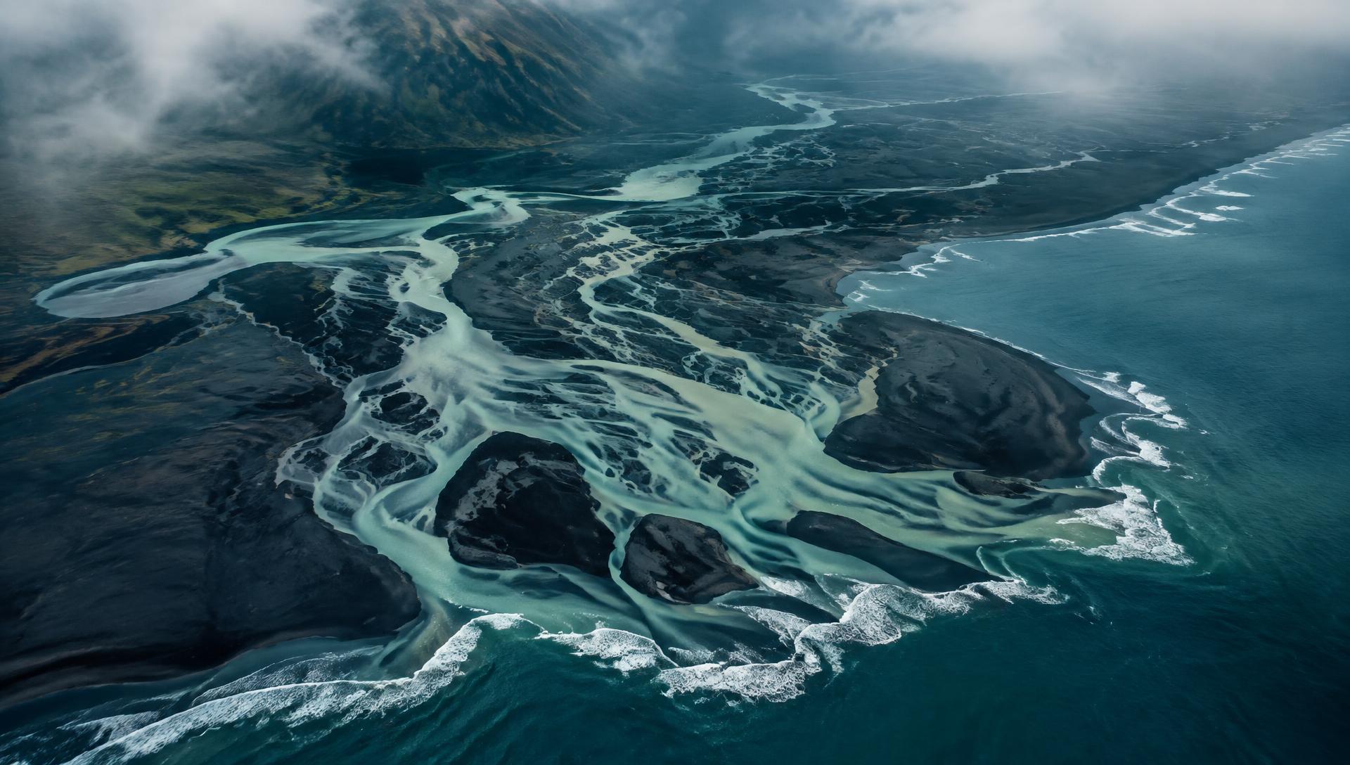 Aerial view of an Icelandic river delta meeting the ocean (illustrative, not our source)
